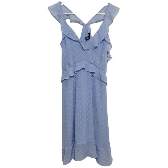 Aqua V Neck Dotted Ruffle Mini Dress Baby Blue Size Medium - Picture 1 of 5